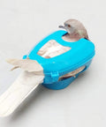 Heavy Duty Pigeon Injection Holder With Thickened Carrier for feeding, fixed mount bird supply, blue plastic, pigeon inside.