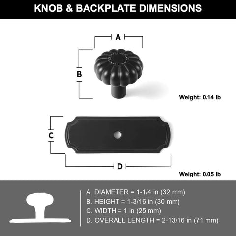 Matte Black Cabinet Knobs With Scalloped Backplates 6 Pack Featuring Slick Fluted Floral Handles dimensions and weight details.
