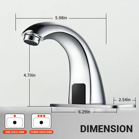 Automatic Sensor Touchless Bathroom Sink Faucet In Chrome Hands Free Battery Powered Modern Vanity with dimensions.