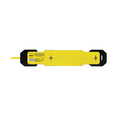 Top view of Heavy Duty Power Strip With GFCI Plug, 6 Outlets, 9 Foot Cord, Yellow Metal Housing, Industrial Garage Workshop Bench Mounting