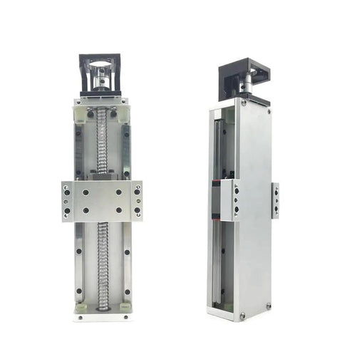 Slick Dual Rail Linear Guide Module With Enclosed Aluminum Sliding Table And Manual XYZ Axis Stage, showing dual rail design and SFU1605 ball screw.