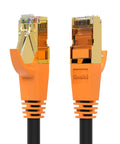 Close-up of Cat8 Ethernet Cable 1.5ft Shielded Patch Cord with gold connectors for Router Modem PC Gaming Console Indoor Outdoor use.