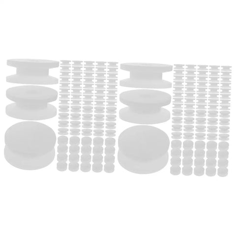 Mini Plastic Pulley Kit For Motors And Models, 200 Pcs Belt Pulleys With 2mm Hole, smooth white pulleys displayed in rows