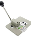 Heavy Duty Desktop Slot Punch For ID Cards And Bulk Badges With Precision Adjustable Slide Guides, gray with lever design.