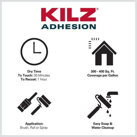 Product details for Kilz adhesion primer, showing dry time, coverage per gallon, application methods, and cleanup instructions.