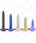 Straight Up Gr5 Titanium Self Tapping Screws With Torx Socket Flying Saucer Head And Vivid Pvd Purple Finish in various colors.