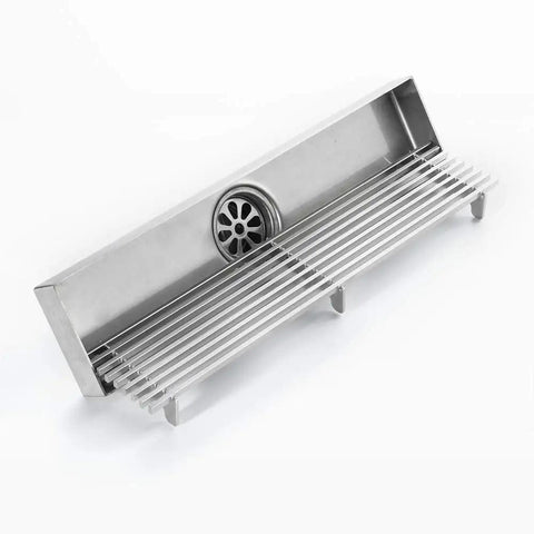 Badass Linear Shower Drain With Airtight Deodorizer Gasket And Slick Chrome Face For Bathrooms Garages And Basements, stainless steel, rectangular design.