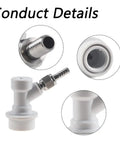 Ball Lock Gas Disconnect One Quarter Inch MFL With Stainless Steel Swivel Nuts For Homebrewing No Fuss Quick Disconnect Includes Two Worm Clamps Durable PBT Fittings Easy Keg Connection And Leak Free Fit, white ball lock gas disconnect with stainless swivel nut close-up