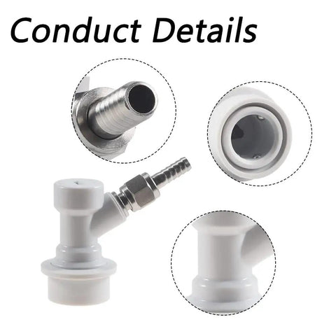 Ball Lock Gas Disconnect One Quarter Inch MFL With Stainless Steel Swivel Nuts For Homebrewing No Fuss Quick Disconnect Includes Two Worm Clamps Durable PBT Fittings Easy Keg Connection And Leak Free Fit, white ball lock gas disconnect with stainless swivel nut close-up