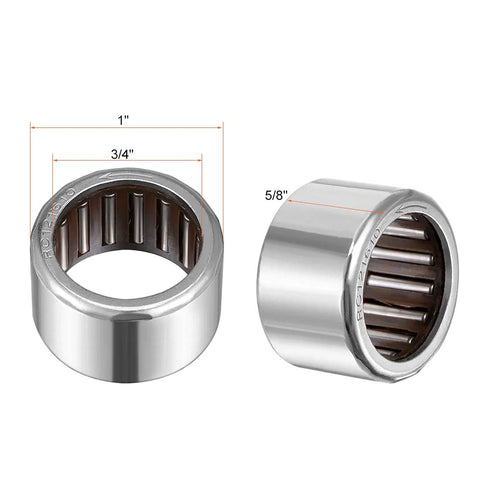 Two steel needle roller bearings, one-way, 1" OD, 3/4" bore, 5/8" width, shown from front and side.