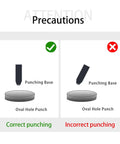Diagram showing correct and incorrect use of Oval Leather Hole Punch Tool For Belts And Watch Straps Heavy Duty Pro Grade Cutter.
