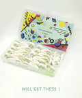 No Trace Picture Hangers For Concrete And Drywall 25 Pack Invisible Nail Hangers in packaging, showing white hangers in case