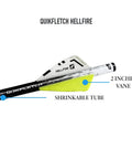Quikfletch Hellfire Stabilizing Fletching 2 Inch Vanes white and yellow for fast bows and crossbows, side view with labels