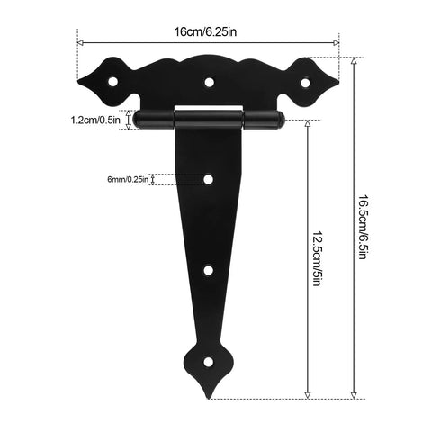 Hella Heavy Duty Black Strap Hinges For Shed Barn Doors And Wooden Fences Top Shelf Gate Hardware With Mounting Screws, 6.25 inch hinge detail.