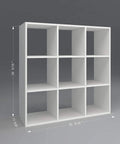 DIY Cube Organizer Shelf With Nine Cubes For Bedroom Living Room And Home Office In White Made In USA Easy To Assemble Sturdy Modular Storage For Books Decor And Plants is shown with dimensions.