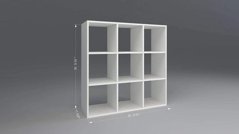 DIY Cube Organizer Shelf With Nine Cubes For Bedroom Living Room And Home Office In White Made In USA Easy To Assemble Sturdy Modular Storage For Books Decor And Plants is shown with dimensions.