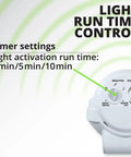 Hyper Bright LED Motion Activated Security Flood Light timer settings dial with 1, 5, and 10 minute options displayed.