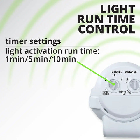 Hyper Bright LED Motion Activated Security Flood Light timer settings dial with 1, 5, and 10 minute options displayed.