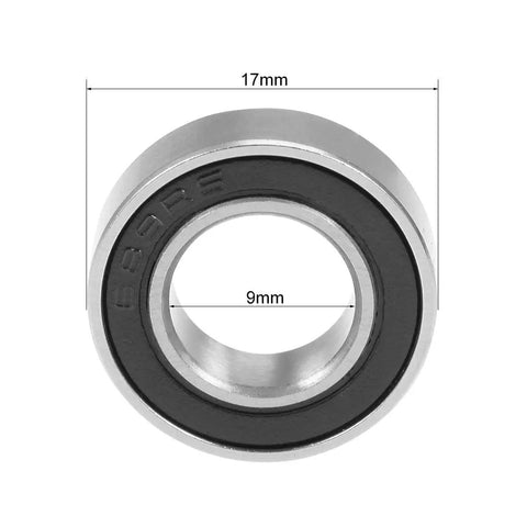 Built Tough Double Sealed Deep Groove Ball Bearings 9X17X5MM chrome steel roller with dimensions shown.