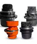 Four hydraulic travel drives for excavators, showcasing the Final Drive Motor For Komatsu PC35MR3 Excavator, pre filled with oil.