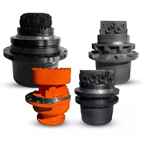 Four hydraulic travel drives for excavators, showcasing the Final Drive Motor For Komatsu PC35MR3 Excavator, pre filled with oil.