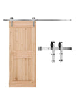 6.6-Foot Brushed Nickel Sliding Barn Door Hardware Kit With 330 Lb Weight Capacity Fits 36 To 40 Inches Wide Doors And 1-3/8 To 1-3/4 Inches Thick Durable Track And J-Shape Rollers For Smooth Quiet Operation displayed next to a wooden door and roller parts.