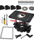 Dead Nuts Precise Router Lift For 65MM And 69MM Wood Routers With Slick Micro Adjustment Table Plate and accessories laid out.
