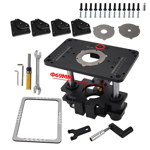 Dead Nuts Precise Router Lift For 65MM And 69MM Wood Routers With Slick Micro Adjustment Table Plate and accessories laid out.