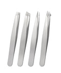 Four-piece stainless steel tweezers set for Eyebrow Tweezers Set For Precision Hair Removal And Facial Grooming Stainless Steel Pro Grade Rust Resistant Easy Grip For Brows Lip Chin And Fine Hairs At Home Spa Quality, showing slant, flat, pointed, and angled tips in a row.
