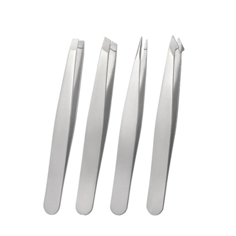 Four-piece stainless steel tweezers set for Eyebrow Tweezers Set For Precision Hair Removal And Facial Grooming Stainless Steel Pro Grade Rust Resistant Easy Grip For Brows Lip Chin And Fine Hairs At Home Spa Quality, showing slant, flat, pointed, and angled tips in a row.