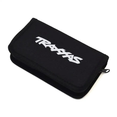 All In One RC Tool Kit With Pouch And Carry Case Including Hex Nut Drivers 1.5mm To 4mm, Six Hex Drivers, Five Nut Drivers, Wrench, Driver Handle, Philips And Flat Head Screwdrivers For RC Cars And Hobbyists On The Go. Black zippered pouch with Traxxas logo