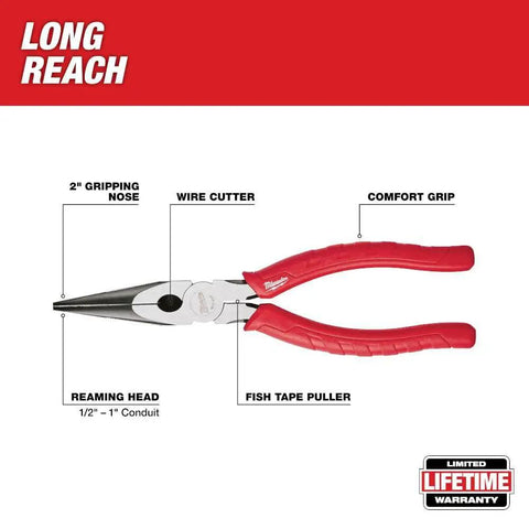 8-Inch Long Nose Pliers With Reaming Head And Onboard Fish Tape Pulling, 2-Inch Reach And Notched Teeth For Solid Grip
