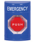 Blue Turn To Reset Stopper Station Push Button With Raised Emergency Label, featuring a polycarbonate housing for indoor use.