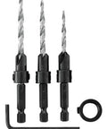 Built Tough Four Cutter Countersink Wood Drill Bit Kit With Broad Fluted Pilot Hole Structure For Rapid Chip Clearing And Smooth Screw Driving Results Adjustable Hex Shank showing three drill bits and a hex key