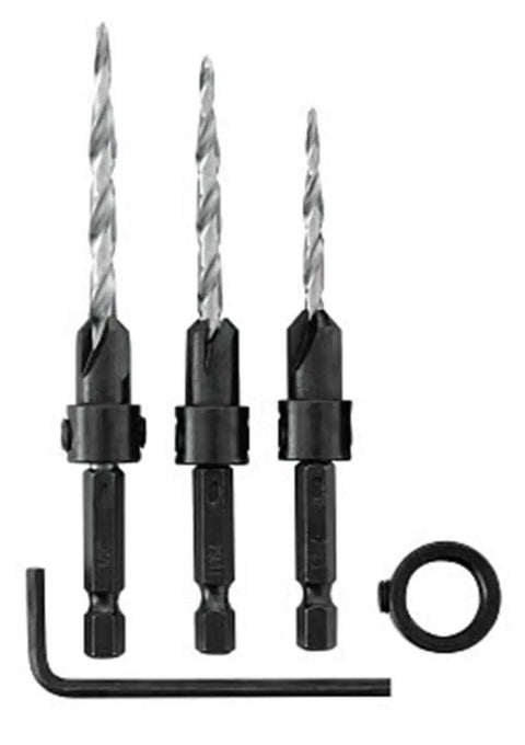 Set of three Built Tough Four Cutter Countersink Wood Drill Bit Kit with adjustable hex shank for precise hole drilling.