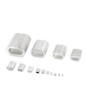 Bulletproof Aluminum Crimping Loop Sleeve With Secure Wire Rope Ferrule And Corrosion Resistant Oval Clip Cable Ties shown in various sizes.