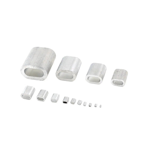 Bulletproof Aluminum Crimping Loop Sleeve With Secure Wire Rope Ferrule And Corrosion Resistant Oval Clip Cable Ties shown in various sizes.