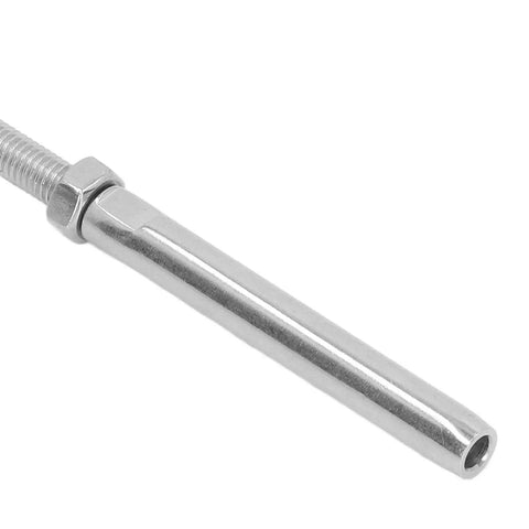 Close-up of a stainless steel thread swage lag screw from Ten Pack Stainless Steel Thread Swage Lag Screws For Cable Railing Hardware M10 Five Millimeter Beefy Heavy Duty Kit For Industrial And Agricultural Use All Weather Ready Built To Last.