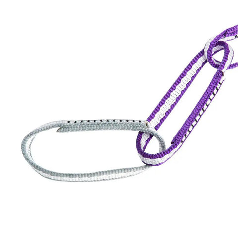 Slick Personal Anchor System For Gnarly Ascents Featuring Legit 11 mm Monster Webbing tight control gray and purple tether.