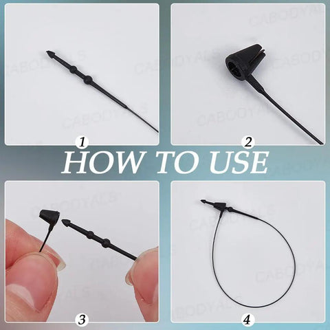 2000 Pack 5 Inch Black Plastic Hang Tag Loops Featuring Straight Up Secure Snap Lock Fasteners No Sweat Assembly Premium Security Strings For Clothing Retail Shops And Diy Projects, detailed usage steps displayed.