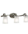 Oxby 3 Light Brushed Nickel Bathroom Vanity Light With White Vetro Mica Glass Shades, modern fixture for powder rooms.
