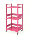 Rolling 3 Tier Metal Storage Organizer With Soft Pink Finish And Adjustable Foot Pads For Squishy Spaces Featuring Pop Off Guard Panels, compact design.