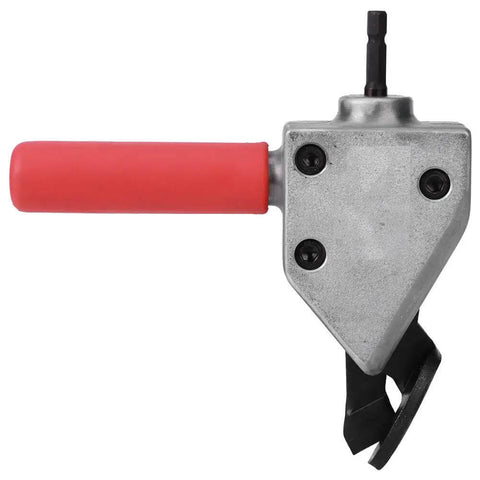 Heavy Duty Metal Sheet Cutter For Electric Drill With Universal 7mm Hex Shank, showing red ergonomic handle and metal cutting head.