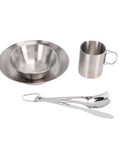 Sturdy Stainless Steel Camping Dishes And Utensils Mess Kit with plates, bowls, vacuum cup, and cutlery for outdoor use.