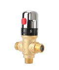 TreMax thermostatic shower mixing valve with NPT threads; solid brass, golden finish, chrome dial with Fahrenheit scale