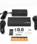Industrial USB 3.0 Hub With 10 Ports, Heavy-Duty Metal Mountable Design, Power Adapter Included, shown with accessories and cables