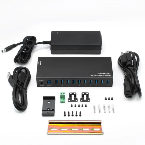 Industrial USB 3.0 Hub With 10 Ports, Heavy-Duty Metal Mountable Design, Power Adapter Included, shown with accessories and cables