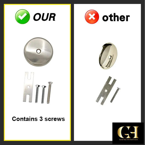 Top Shelf Single Hole Bathtub Overflow Drain Cover Plate With Brushed Nickel Finish showing metal cover and screws.