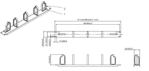 Technical diagram of 5 Pack 1U 19 Inch Server Rack Cable Management Panel With D Ring Hooks For Horizontal Or Vertical Wire And Cord Organizer in Data Centers Pro Grade Durable ABS 1U Mount Made In Taiwan, showing dimensions and structure.