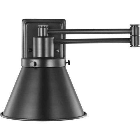 Black Swing Arm Wall Light With Adjustable Arm For Focused Task Lighting in industrial loft vibe, 9.63 x 8.25 x 8.25 inches.